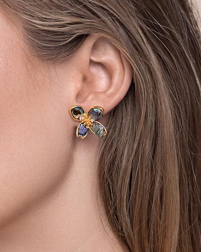 Gold Mother of Pearl Flower Stud Statement Earrings for Women by SNGIA, Dainty Bold Retro Handmade Trendy Natural Sea Abalone Shell Floral Bohemian Jewelry Gifts, Small Unique Baroque Turquoise Stone Summer Beach Fashion Earrings Accessories, Vintage Gemstone Nickle Free Huggies Earrings.4