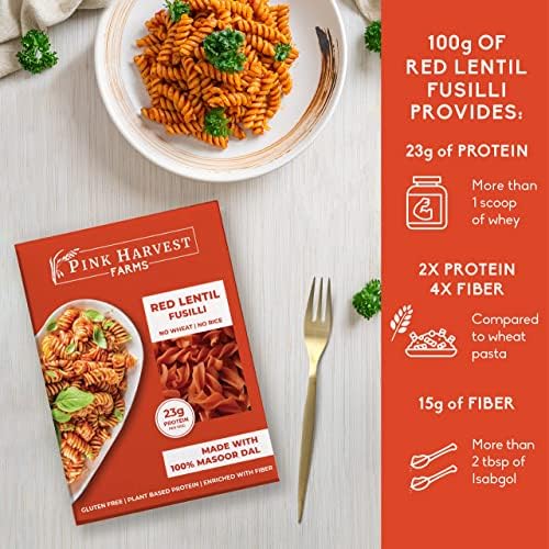 Image of Pink Harvest Farms Red Lentil Pasta | No Rice - No Maida | Vegan | Gluten Free | High Protein | (Red Lentil Fusilli Pasta, 200 g (Pack of 2))