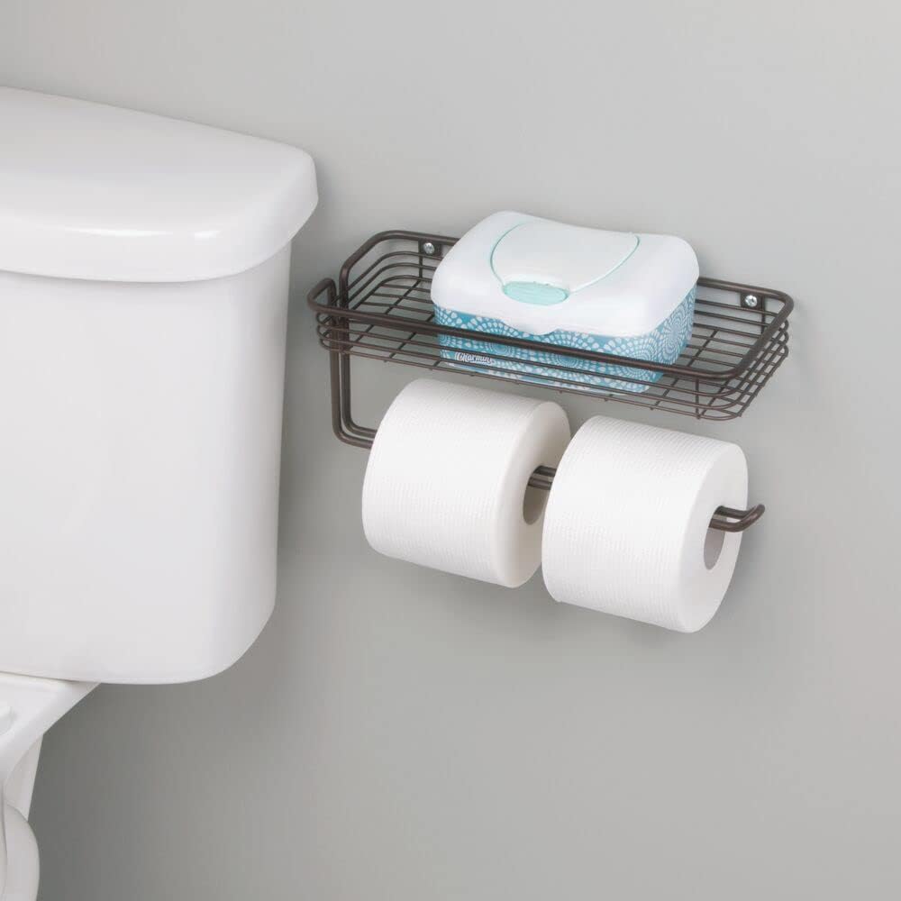 mDesign Toilet Tissue Paper Holder and Multi-Purpose Shelf - Wall Mount Storage Organizer for Bathroom, Holds 2 Rolls - Durable Metal Wire Design - Bronze