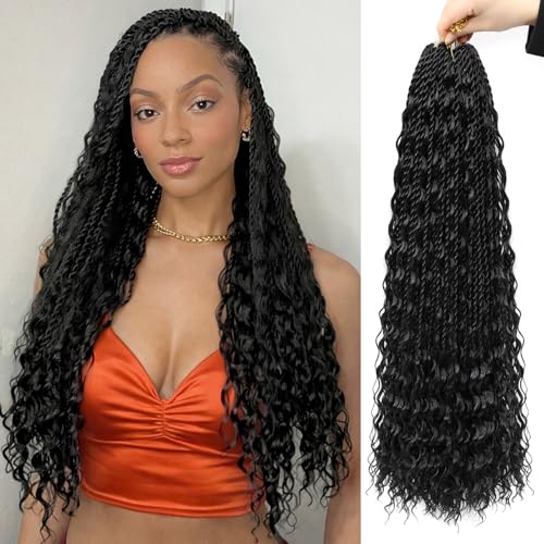 24 Inch Senegalese Twist Crochet Hair with Curly Ends 8 Packs Natural Black Pre-Looped Long Boho Goddess Island Twist Braids Crochet Hair for Black Women 1B