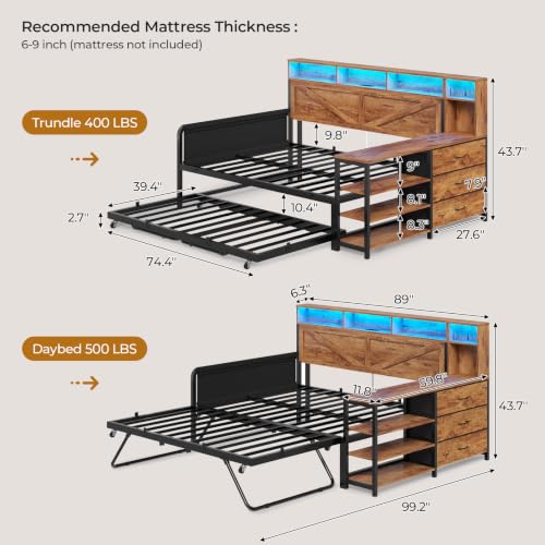 Image of MSmask Daybed with Trundle & 3 Storage Drawers, Full Size DayBed Frame with Headboard & Charging Station, Farmhouse Wooden Bed Frame with LED for Bedroom and Guest Room, Rustic Brown