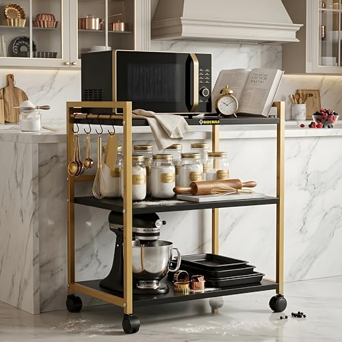 Image of 3 Tier Microwave Oven Stand with Wheels & Hooks - Kitchen Storage Rack, Metal Bakers Rack Kitchen Organizer Shelf for Microwave, Air Fryer & Appliances