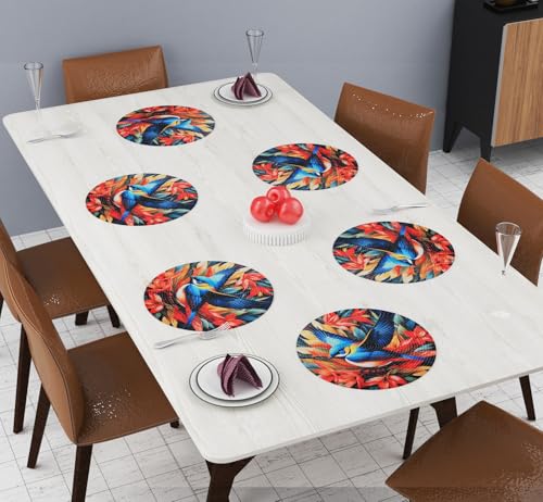 Image of LaVichitra Cotton Table Placemat | Dining Table Mat | Bed Side Table Mat | Cotton Round Shape Placemats | Washable PlaceMat for Shelves & Plant Pots - Pack of 6, Blue Bird