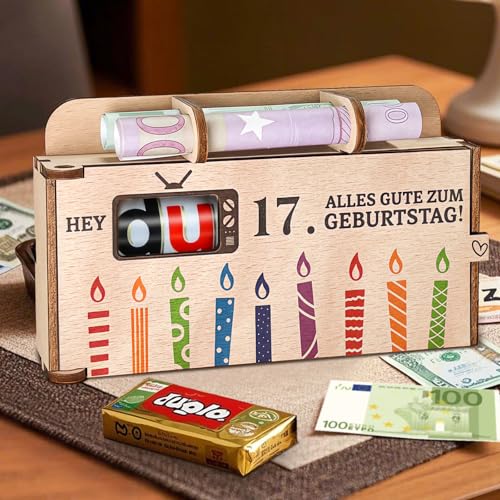 Hierein 17. Geldgeschenk Geburtstag, Geldgeschenke Verpackung Holz Duplo Schokoriegel Holz Geschenkbox, Personalisierte Geburtstagsgeschenk Geschenkideen zum 17 Geburtstag Junge Mädchen