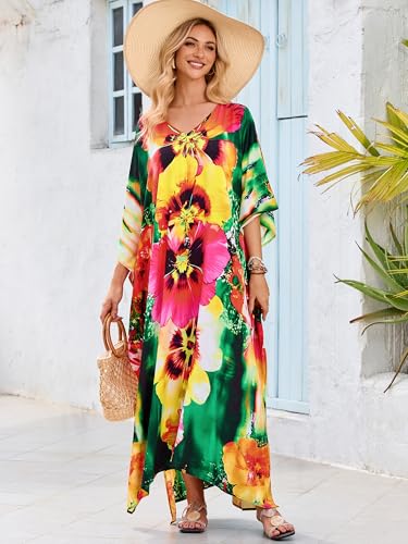 Image of Moss Rose Kaftan Dresses for Women V Neck Summer Swimsuit Cover up Caftan Maxi Beach Dresses
