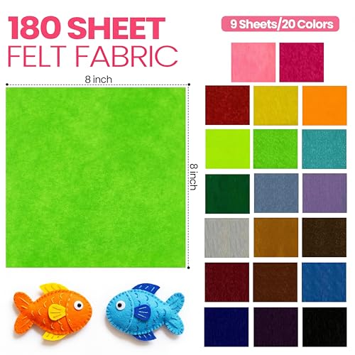 Image of Moukeren 180 Pcs 8 X 8 Inch Felt Sheets, 20 Colors | Stiff Fabric Squares Ideal Craft Sewing, DIY Patchwork Projects, Nonwoven Material, Bulk Supply Holiday and Festival Decor