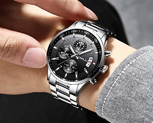 CRRJU Men's Fashion Stainless Steel Watches Date Waterproof Chronograph Wristwatches,Black Steel Band Waterproof Quartz Watch for Men
