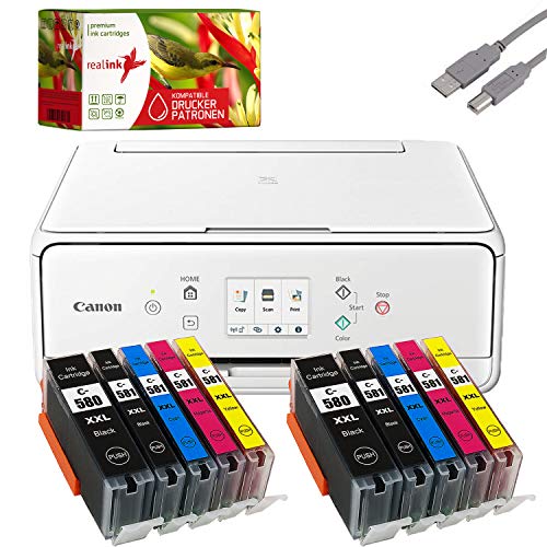 Bundle Canon PIXMA TS6251 Tintenstrahl Drucker Multifunktionsgerät weiß mit 10 komp. realink® Tintenpatronen für PGI-580/CLI-581 XXL (Drucken, Scannen, Kopieren)