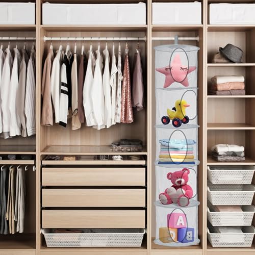 QYRDBGY Hängeaufbewahrung, 5 Stufen Hängende Netz Aufbewahrungstasche Faltbare Hängeorganizer Mesh Hängender Speicherkorb Kuscheltiere Hängeregal Netz für Spielzeug (Grau)