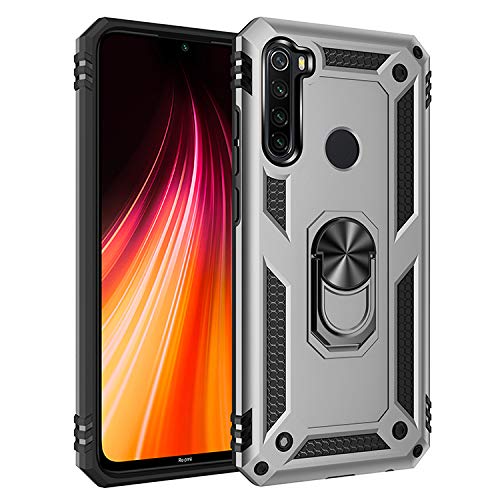 BestST Funda para Xiaomi Redmi Note 8T,Elegante Armadura híbrida Robusta Funda de Doble Capa de Alta Resistencia para PC Duro Caso con Anillo Grip Kickstand con HD Protector de Pantalla,-Plata