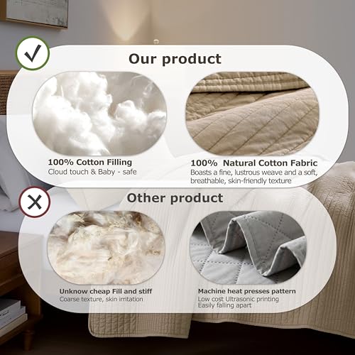 Image of palassio Striped Dark Beige 100% Cotton Quilt Queen Size Bedding Sets, Lightweight Crinkly Channel Pick Stitch Textured Bedspread Soft Shabby Chic Farmhouse Country Coverlet for All Season, 2 Shams