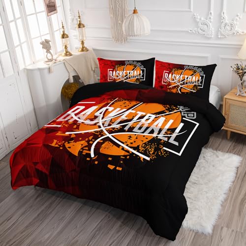 Image of Basketball Comforter Set Black and Red Sports Theme Printed Bedding Set with 1 Comforter and 2 Pillowcases for Boys and Girls Bedroom All Season(Basketball Twin)