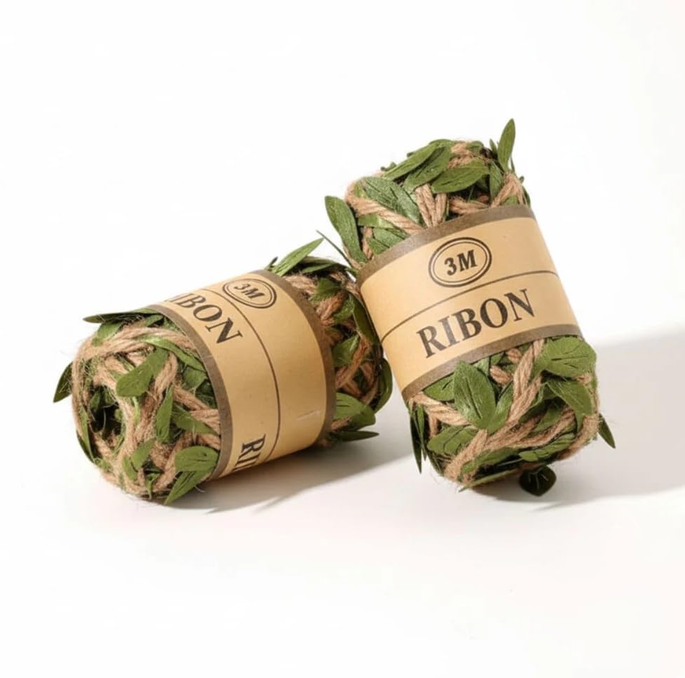 Just Flowers Natural Jute Twine Rope with Artificial Green Leaves, Burlap Ribbon with Leaf for DIY Craft for Home Garden Wedding Decoration, 3 Metre Each Roll (Pack of 2)-picture-10