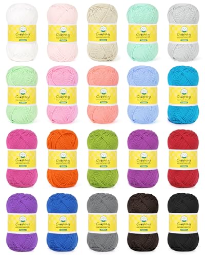 Coopay Wolle zum Häkeln 100% Bunt Baumwolle zum Stricken 20 x 25g Weiches Häkelgarn Baumwolle zum Häkeln Topflappengarn Babywolle Baumwollgarn Set für Pullover Socken Babydecke (500g 20 Farben)