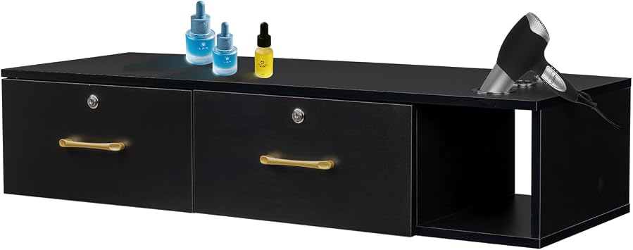 SSLine Modern Salon Station Black Wall Mounted Styling Sation Wood Salon Cabinet for Hair Stylist Barber Shop Beauty Spa Locking Storage Table with 2 Drawers, Shelves and Tool Insert Holes