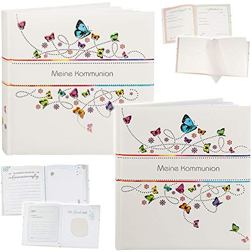 2 TLG. Set: Kommunionalbum - Fotoalbum + Eintragalbum/Erinnerungsalbum Meine Kommunion Album - Buch Gebunden - blanko weiß + Seiten zum Eintragen - 60 S..