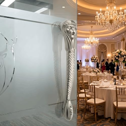 Image of GLOXY Premium Silver 11.5 inch Lion Shaped Main Door Handle with 9.5 inch Hole-to-Hole Spacing - Decorative Push & Pull Aluminium Handle for Wooden & Glass Doors - Ideal for Home, Hotel, Villa & Office