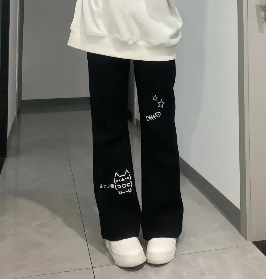 Y2K Cute Cat Print Kawaii Sweatpants for Women Casual Harajuku Cutecore Drawstring Elastic Straight Pants4