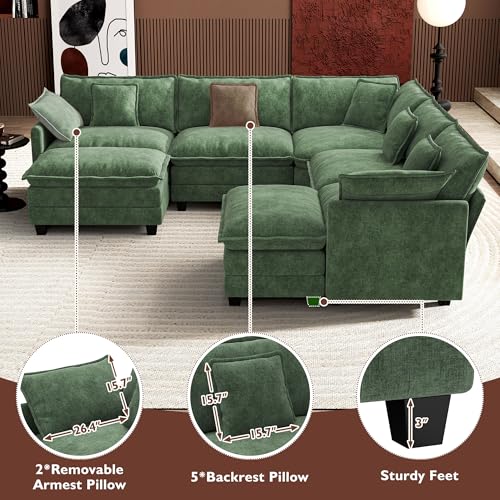 Image of Ihanherry 114 inch V-Shaped Modern Sofa Modular Sectional Cloud Couch with 2 Ottoman, 7-Seat Chenille Deep Seat Sofa with Corner Section for Living Room, Bedroom and Apartment, Green