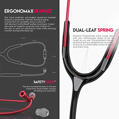 Mdf Acoustica Lightweight Stethoscope For Doctors, Nurses, Students, Home Health Use, Adult, Dual Head, Black Tube, Red Chestpiece-Headset, Mdf747Xpr11 #TOP4