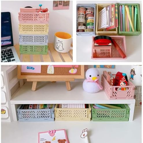MVKV 4-Pack Mini Baskets Plastic for Shelf Home Kitchen Storage Bin Organizer, Stacking Folding Storage Baskets for Classroom Bedroom Bathroom Office ((5.9 x 3.8 x 2.2))