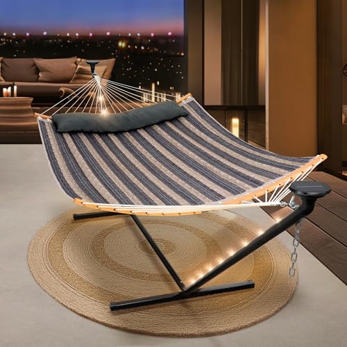 Image of SUNCREAT Stand Alone Hammock with Solar Powered Lights, Gray Stripes