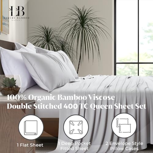 Image of Luxury Bamboo Market | Queen Size Bed Sheet Set | 100% Viscose Made from Bamboo | Organically Grown | Ultra Soft | Cooling Sheets for Hot Sleepers | 17 inch Deep Pocket [Dove Grey]