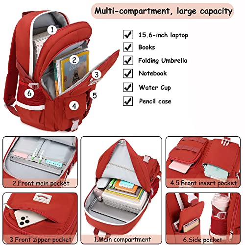Sac à dos antivol pour adolescente étudiante avec grand compartiment PC rouge - 3