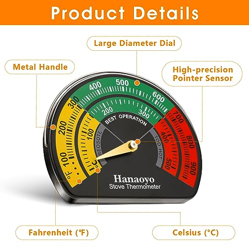 Hanaoyo Magnetic Log Burner Thermometer with Large Dial, Wood & Gas Stove Top Meter (1 PCS)