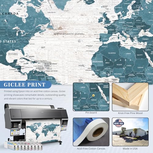 Image of IPIC - Antique Blue World Travel Map, Pin Board Canvas Wall Art, Travel Map with Pins Included, Ready to Hang for Home or Office, 36x24 Inch