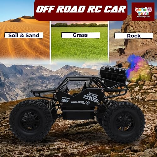 Image of Wonder Rock Master Remote Control Car with Smoke | Monster Truck Rock Crawler for Kids | 2.4 GHz Remote + Android App Control | Long Range | 150+ Feet Range | C-Type Charging | Made in India (Black)
