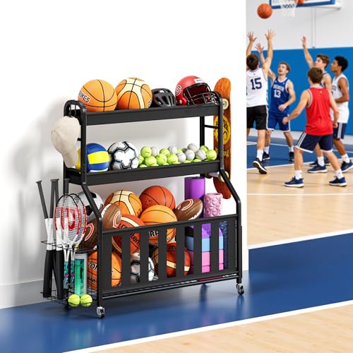 Sports-Equipment-Organizer-Large-Capacity-Garage-Ball-Storage-Rack-Heavy-Duty-Rolling-Ball-Cart-with-Locking-Wheels-for-Basketball-Soccer-Sports-Gear