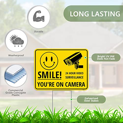 2Pc Smile Your On Camera Sign With Stake, 17 Inches By 13 Inches - Corrugated Plastic - Smile Youre On Camera Yard Signs Outdoor Security Surveillance #TOP1