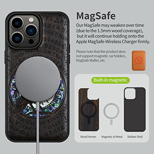 Carveit Designer Wooden Case For Iphone 14 Pro Max Magnetic Case Cover [Wood Engraving & Shell Inlay] Unique Wood Phone Case Compatible With Magsafe Case 6.7 Inch (Witchcraft Raven-Blackwood) #TOP4