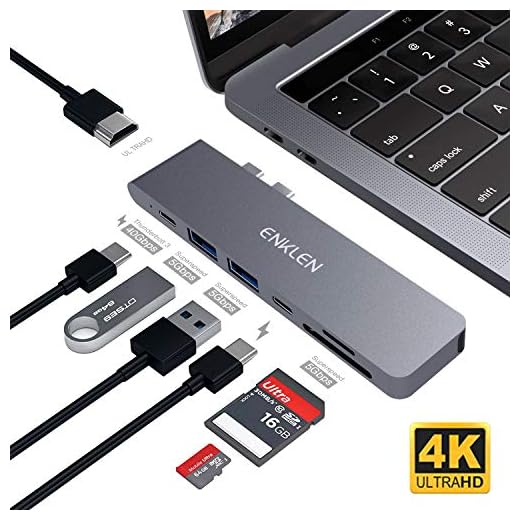 Hub USB C Pour MacBook Pro 2016/2017/2018/2019, adaptateur ENKLEN de type C avec Thunderbolt 3, HDMI 4K, 2 USB 3.1, lecteur de carte SD / Micro SD, port de chargement de type C, gris