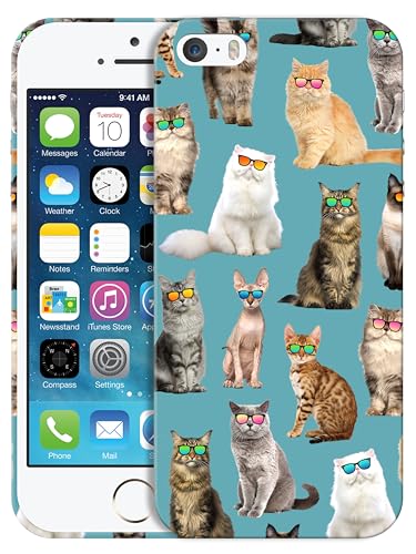 GlamCase for iPhone 5 / 5S / SE 2016 Case with Cat Pattern with Sunglasses Teal Printed Slim & Sleek Cute Plastic Hard Protective Back Phone Case/Cover for iPhone 5 / 5S / SE 2016