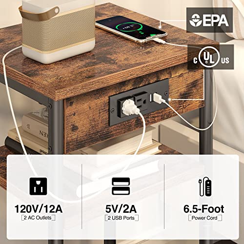 Rolanstar End Table With Charging Station, Set Of 2 Nightstand With 3 Storage Shelf, Narrow Side Table With Usb Ports & Power Outlets, Steel Frame For Living Room, Bedroom, Rustic Brown #TOP1