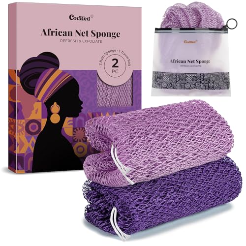 CORATED African Net Sponge Authentic, Shower Loofah Exfoliating Bath Sponge, Body Scrubber for Women and Men Daily Use Body Care, Travel Portable Bath Accessories for Bathroom (Purple & Light Purple)