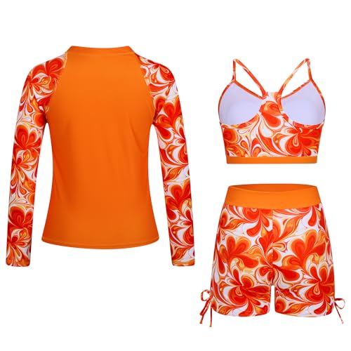 Image of Funnycokid Girls Swimsuit 3 Pieces Long Sleeve Rash Guard Zip Bathing Suits Teens Boyshort 3-14 Years