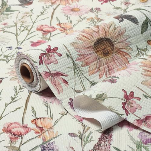 Vuacepe Floral Drawer and Shelf Liner for Kitchen Cabinets Non-Adhesive Drawer Liner Non-Slip Daisy Shelf Liners Strong Grip Waterproof Easy to Clean Cabinet Liners for Dresser Cupboard 12IN × 16.4FT