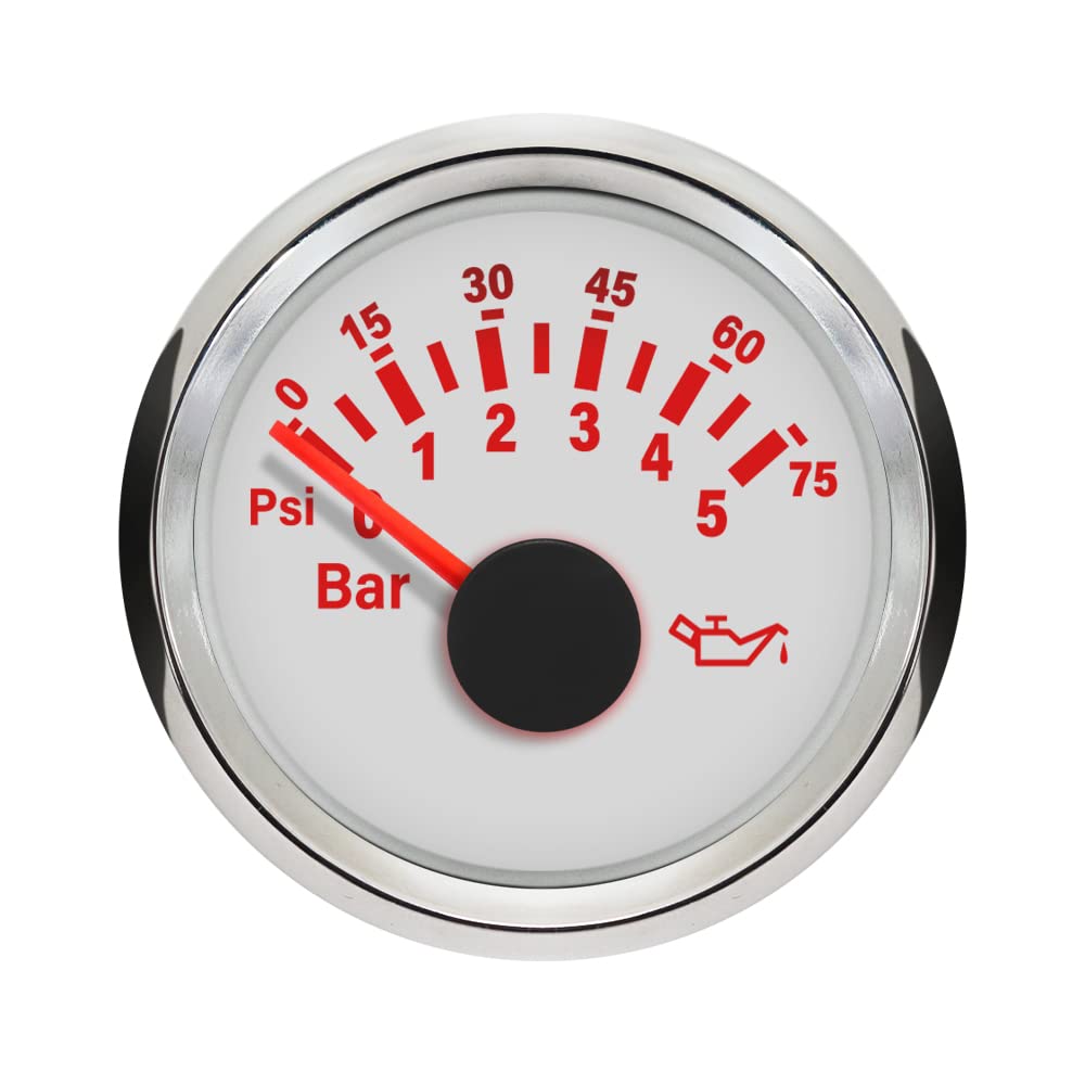 ELING Misuratore di pressione dell'olio impermeabile da 2 '' 0-5bar 0-75PSI con retroilluminazione 52mm (2") 9-32V per motoscafi per carrelli elevatori