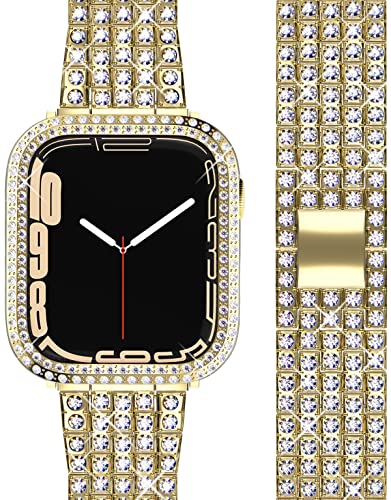 Image of QVLANG Compatible for Apple Watch Band 40mm Series 6 /5 /4 /SE, Diamond Rhinestone Case + Women Bling Band Stainless Steel Metal Bracelet for iWatch (Gold, 40mm)