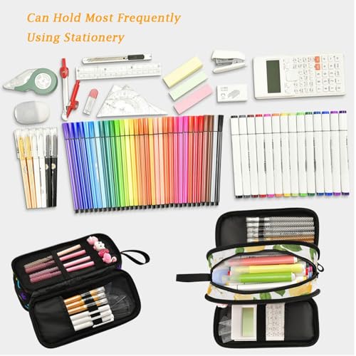Image of Fustylead Fresh Summer Lemons Leaves Floral Large Pencil Pen Case Stationery Bag, 3 Compartments School College Office Desk Organizer Storage Pouch Marker for Teen Boys Girls Students