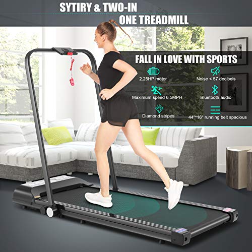 image for SYTIRY 2-in-1 Foldable Treadmill, Home Treadmill with LED Screen and B