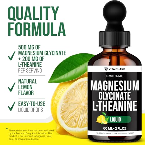 Image of Vita Guard Magnesium Glycinate Liquid Drops 500mg - Liquid Magnesium with L-Theanine 200mg - Sleep, Calm, Stress Relief, Muscle & Nerve Health - Lemon Flavor, Gluten Free, No Sugar, Vegan, 2 Fl Oz