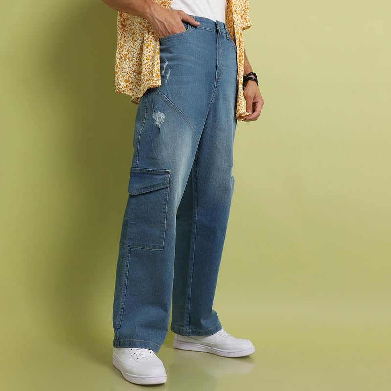 Image of Campus Sutra Men's Light Blue Asymmetrical Stitch Denim Jeans for Everyday Wear | Light-Wash | Button Closure | Regular Fit | Denim Jeans Crafted with Comfort Fit for Everyday Wear (36)