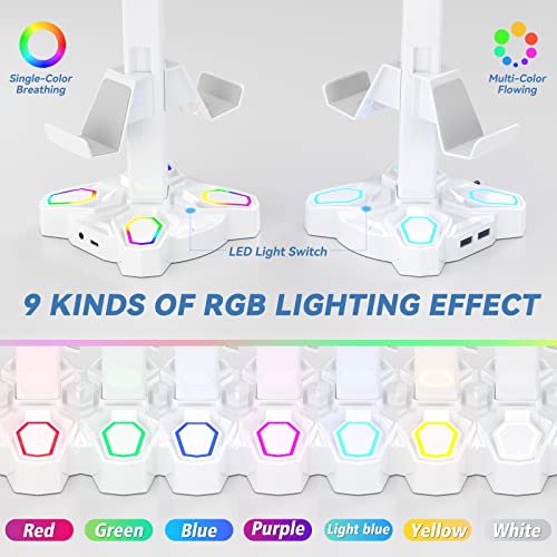 Kdd Gaming Rgb Headphones Stand, Rotatable Headset Stand With 9 Light Modes - Controller Holder With 2 Usb Charging Ports And 3.5Mm & Type-C Port - Earphone Hanger Accessories For Desktop Gamer(White) #TOP1