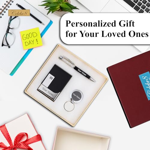 Image of Celebr8 Personalized, Custom Name Engraved Card Holder, Ballpoint Pen & Keychain Combo Gift Set for Men & Women, Gift for Father /Papa /Daddy