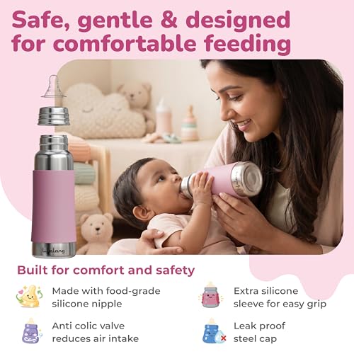 Image of Lifelong Stainless Steel Feeding Bottle 250 ML | Anti Colic with Silicone Sleeve | Food Grade SS304 Milk, Water Feeder Bottles for Newborn Baby with BPA Free Nipples | Leakproof, Durable Bottle (Pink)