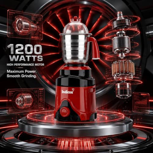 Image of MasterChef 1200 Watts Mixer Grinder, 3 Jars, Blue | Powerful Motor for Dry /Wet Grinding, Blending & Juicing | Stainless Steel Blades, Multi-Purpose Kitchen Appliance for Indian Cooking (Red)